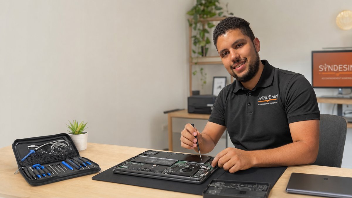 Sébastien Canot, fondateur de SYNDESIN, lors d'une réparation d'ordinateur portable