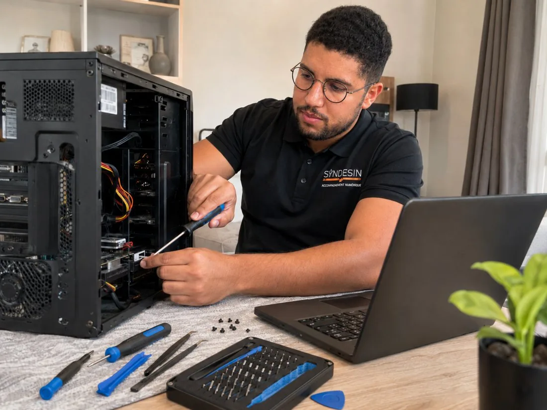 Sébastien Canot répare une tour d'ordinateur avec une trousse à outils de précision