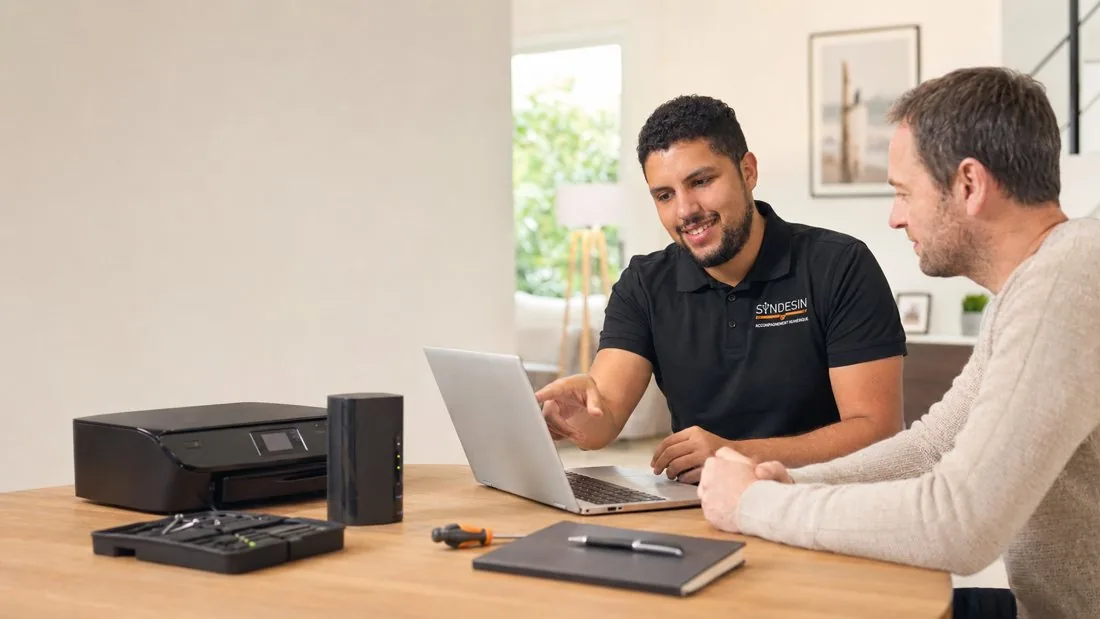 Sébastien Canot accompagne un client devant un ordinateur portable